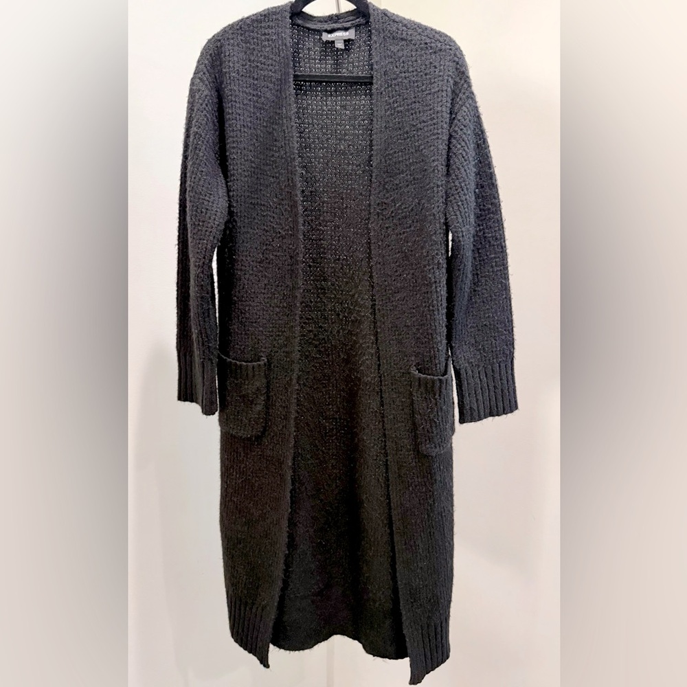 🖤Express Black Bouclé Knit Longline Cardigan Duster Sweater Coat XXS Open Front